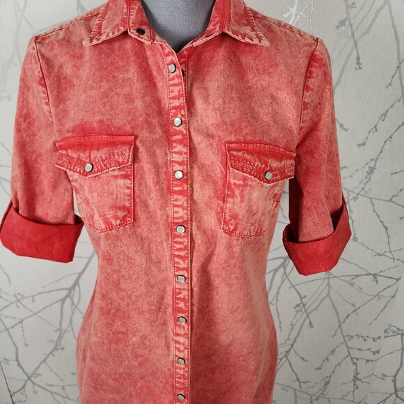 Mavi Orange Wash Cotton Pearl Snap Shirt Dress - Picture 2 of 6